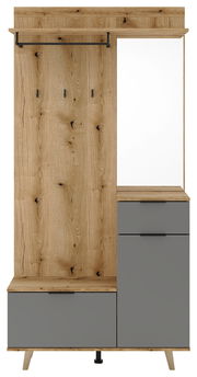 Kompaktgarderobe aus Holz mit Spiegel, Kleiderstange und Schubladen, Frontalansicht