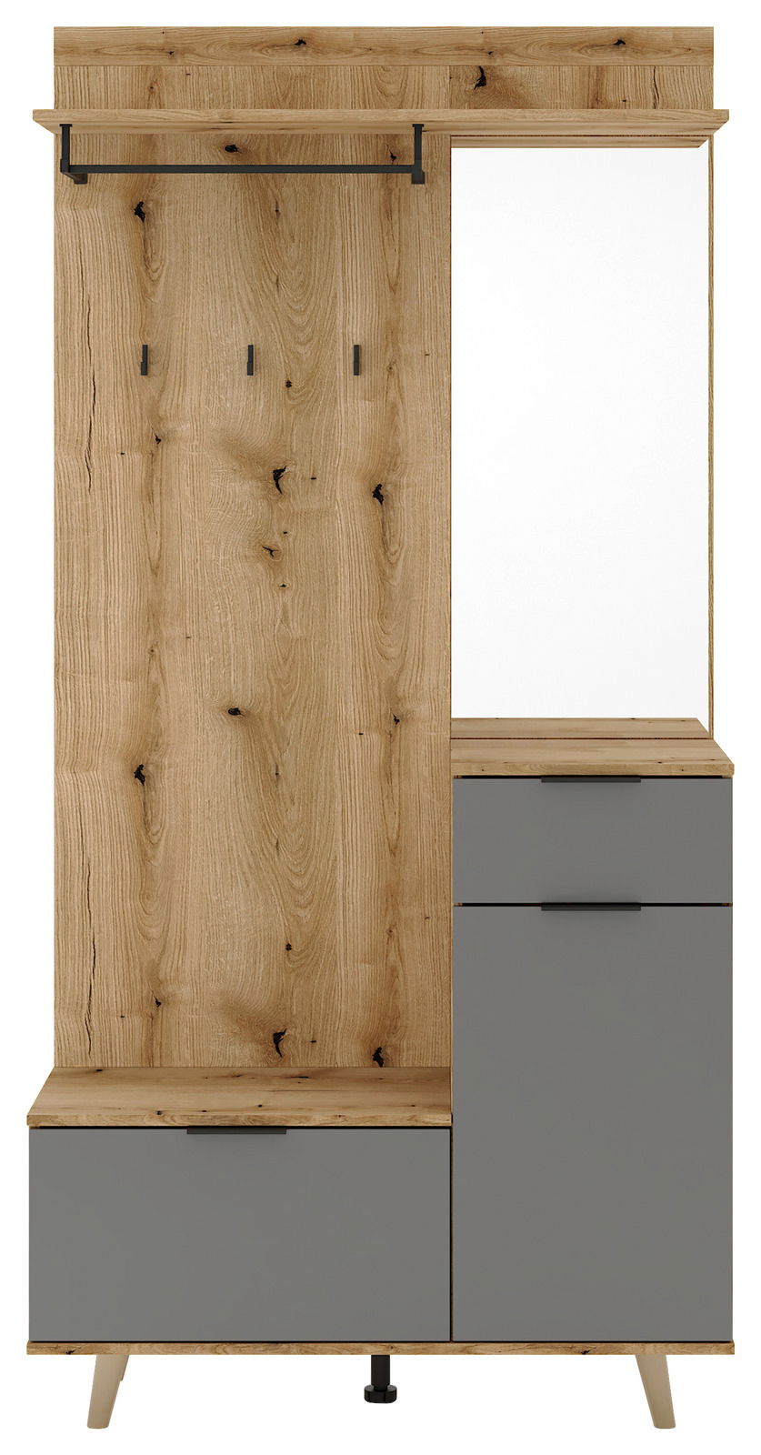 Kompaktgarderobe aus Holz mit Spiegel, Kleiderstange und Schubladen, Frontalansicht