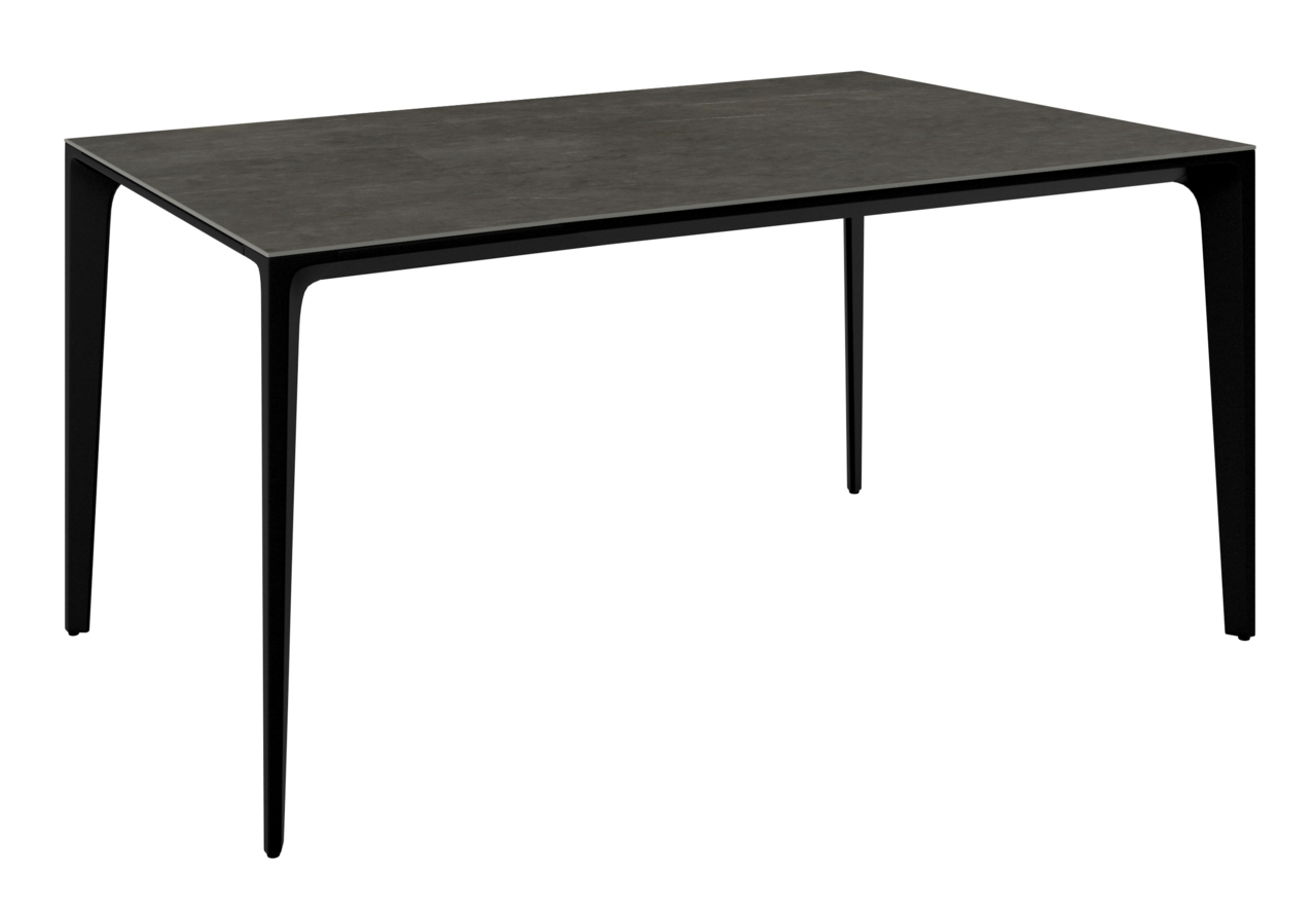 Moderner schwarzer Gartentisch aus Metall mit rechteckiger Tischplatte, seitliche Perspektive