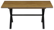 Moderner Esstisch aus Holz mit schwarzem Metallgestell, Ansicht von vorne.