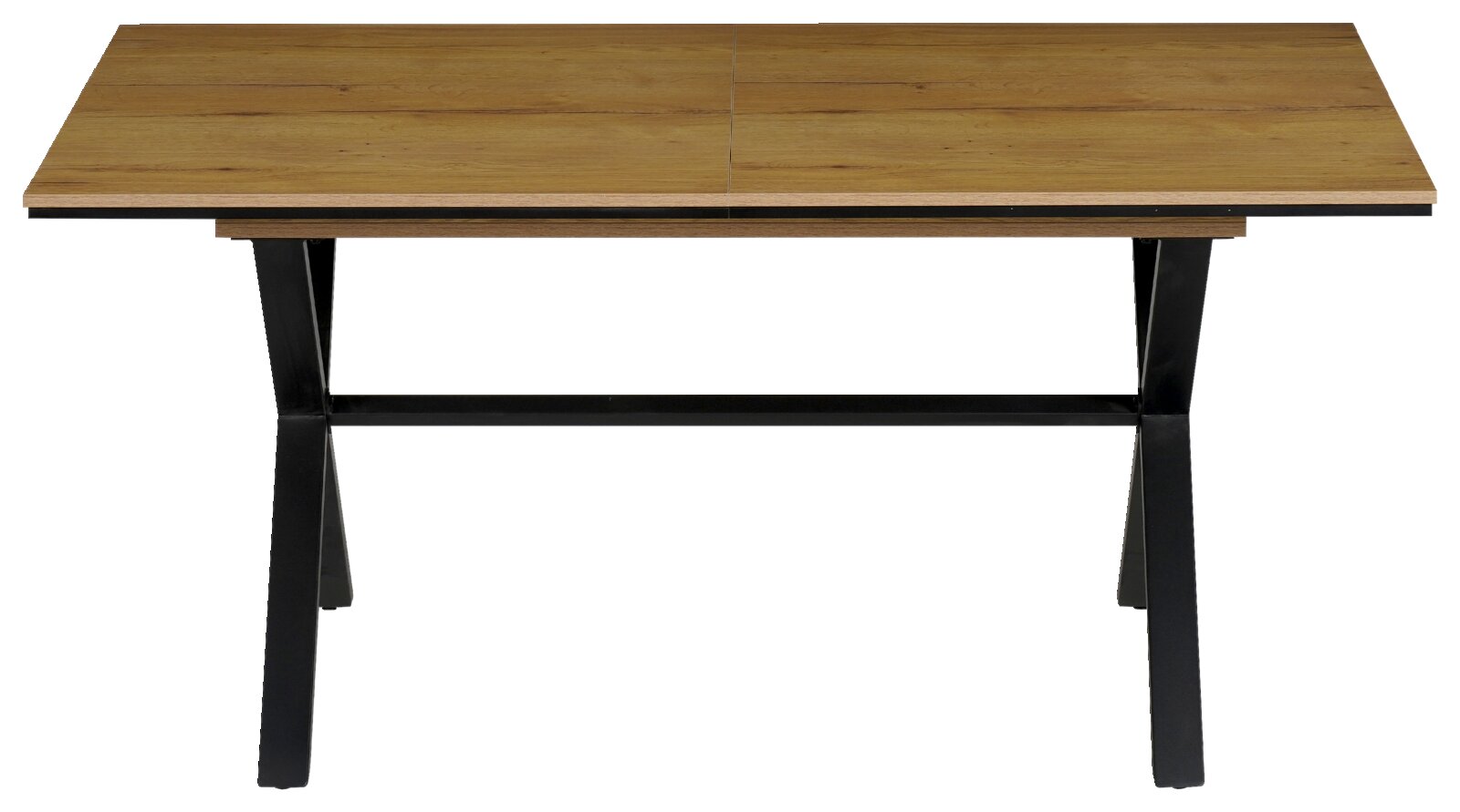 Moderne houten eettafel met zwart metalen onderstel, gezien van voren.