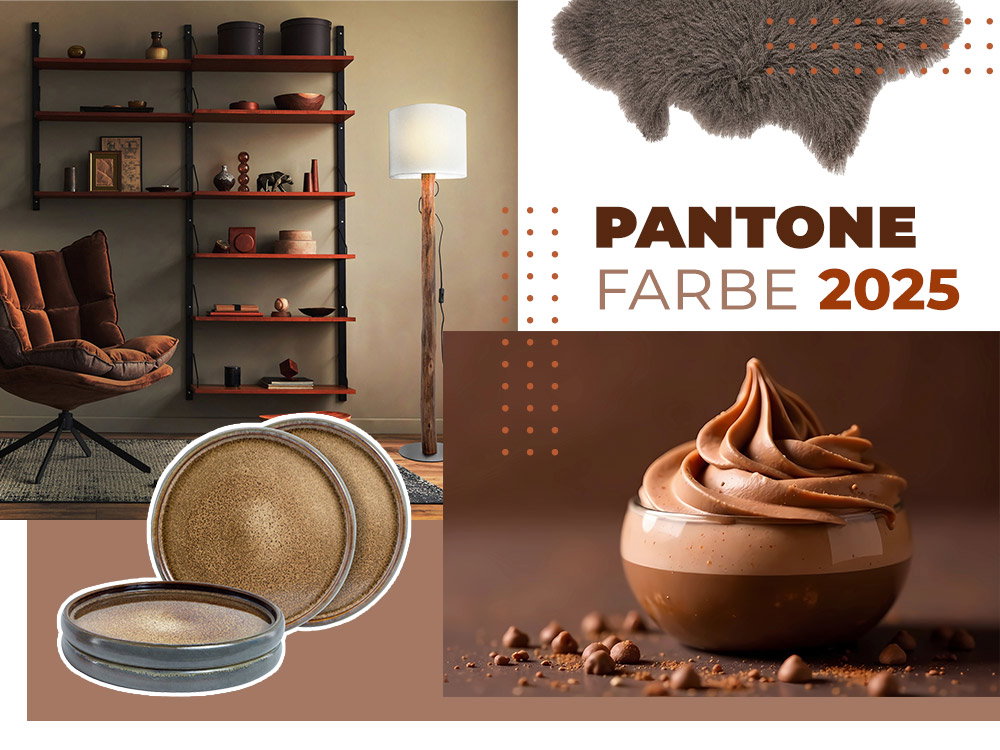 Een stijlvol interieur met bruintinten en de tekst „PANTONE KLEUR 2025“, een opengesneden dessert en verfblikken.