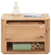 Nachtkonsole aus Holz mit einer Schublade und einem offenen Fach, darauf eine Buddha-Statue und Bücher, Frontalansicht