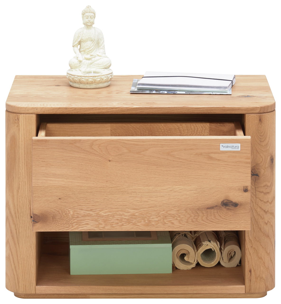 Nachtkonsole aus Holz mit einer Schublade und einem offenen Fach, darauf eine Buddha-Statue und Bücher, Frontalansicht