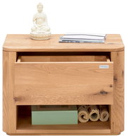 Nachtkonsole aus Holz mit einer Schublade und einem offenen Fach, darauf eine Buddha-Statue und Bücher, Frontalansicht