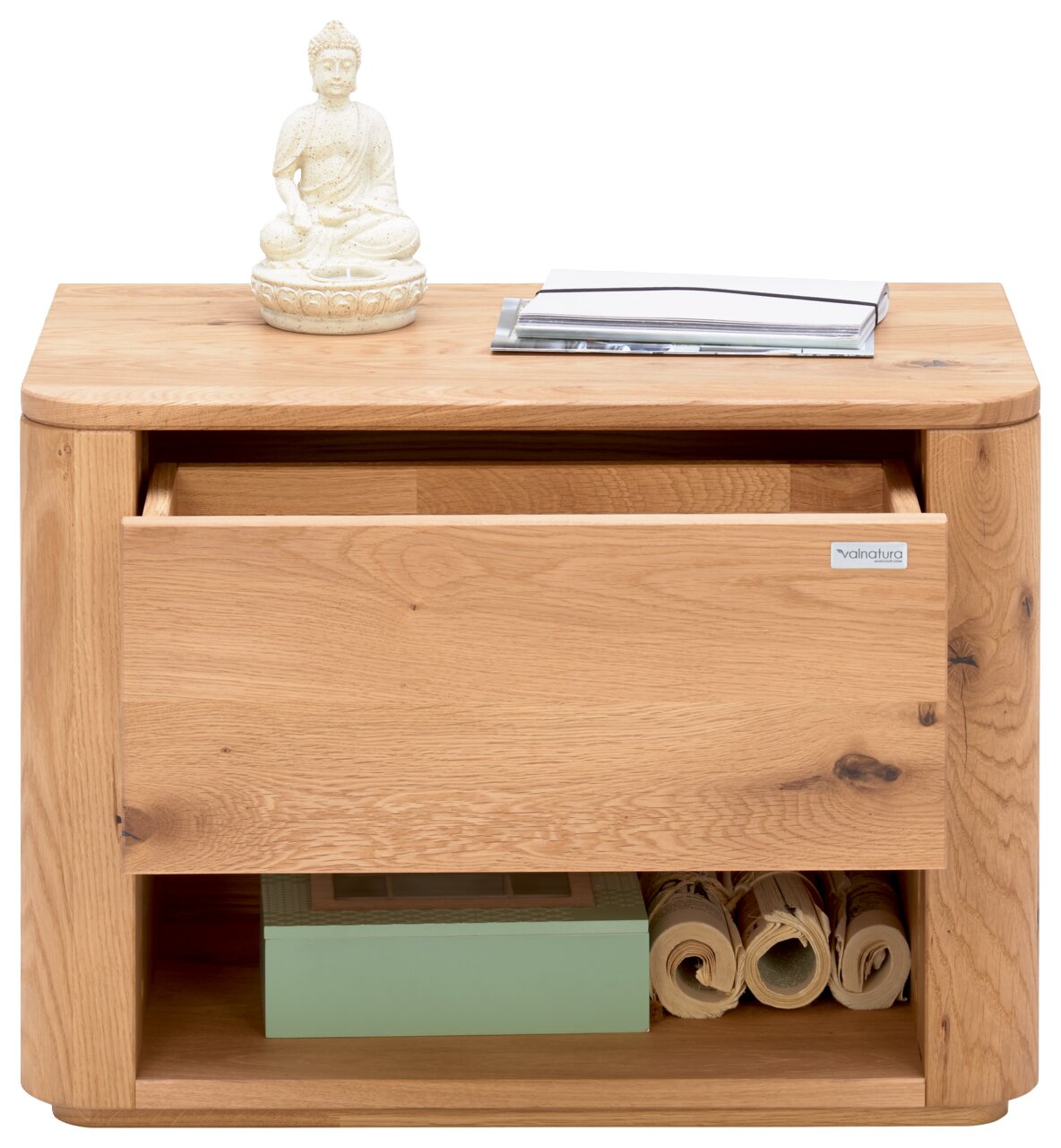 Nachtkonsole aus Holz mit einer Schublade und einem offenen Fach, darauf eine Buddha-Statue und Bücher, Frontalansicht