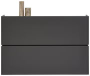 Moderner, dunkelgrauer Hängeschuhschrank mit zwei Schubladen, frontal betrachtet, mit zwei dekorativen Elementen oben.