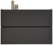 Moderner, dunkelgrauer Hängeschuhschrank mit zwei Schubladen, frontal betrachtet, mit zwei dekorativen Elementen oben.