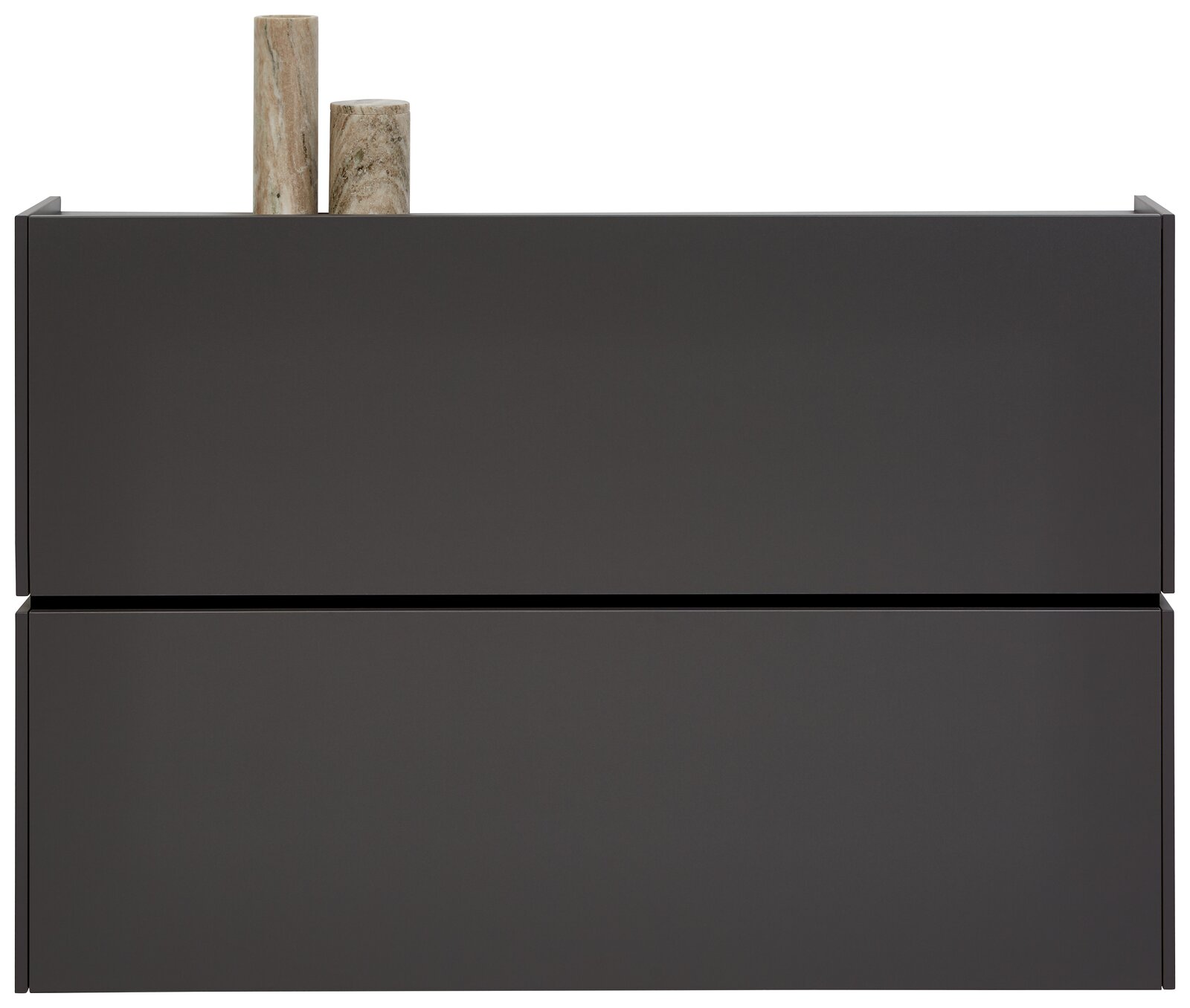 Moderner, dunkelgrauer Hängeschuhschrank mit zwei Schubladen, frontal betrachtet, mit zwei dekorativen Elementen oben.