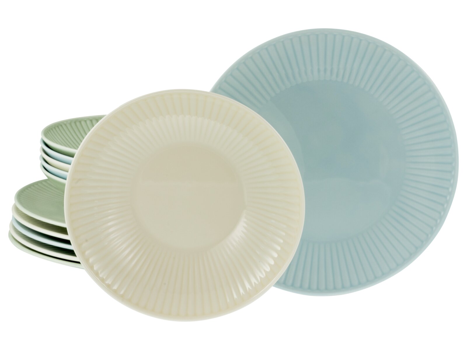 Creatable Tafelservice 12-tlg VALENCIA Pastellfarbenes Teller-Set mit geriffeltem Rand in Blau, Creme und Grün, Ansicht von oben leicht schräg auf gestapelte Teller vor weißem Hintergrund