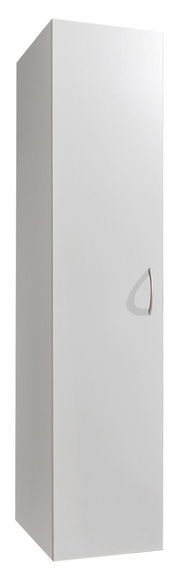 Weißer, schlichter Kleiderschrank mit einer Tür und silbernem Griff, seitliche Perspektive