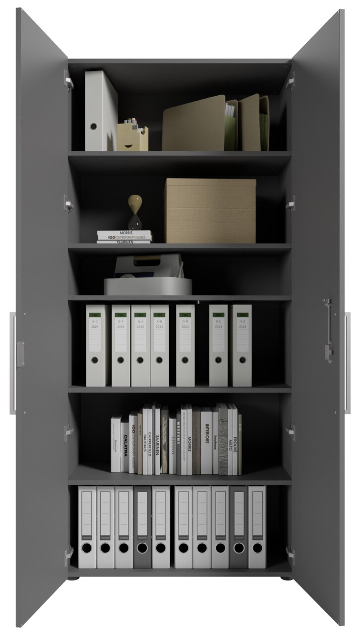 Aktenschrank mit zwei geöffneten Türen, gefüllt mit Ordnern, Büchern und Bürobedarf, frontal betrachtet.