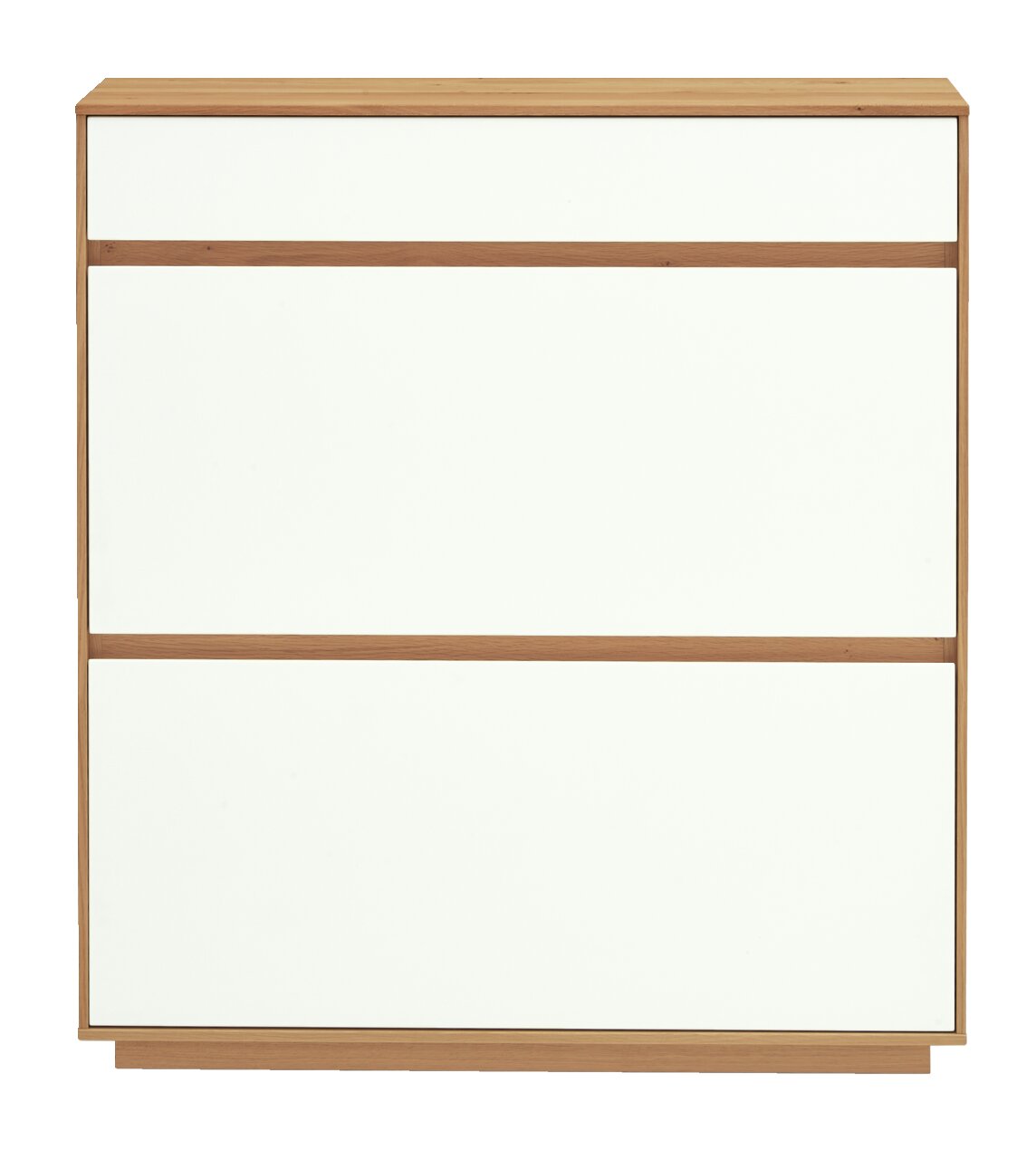 Moderner Schuhschrank aus der VOSS Serie V100 in Holzoptik mit weißen Fronten, Frontalansicht