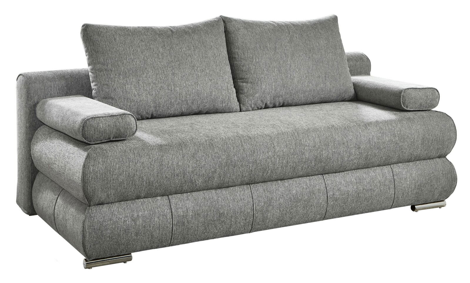 Graues Funktionssofa mit zwei großen Rückenkissen und Armlehnen, seitliche Perspektive