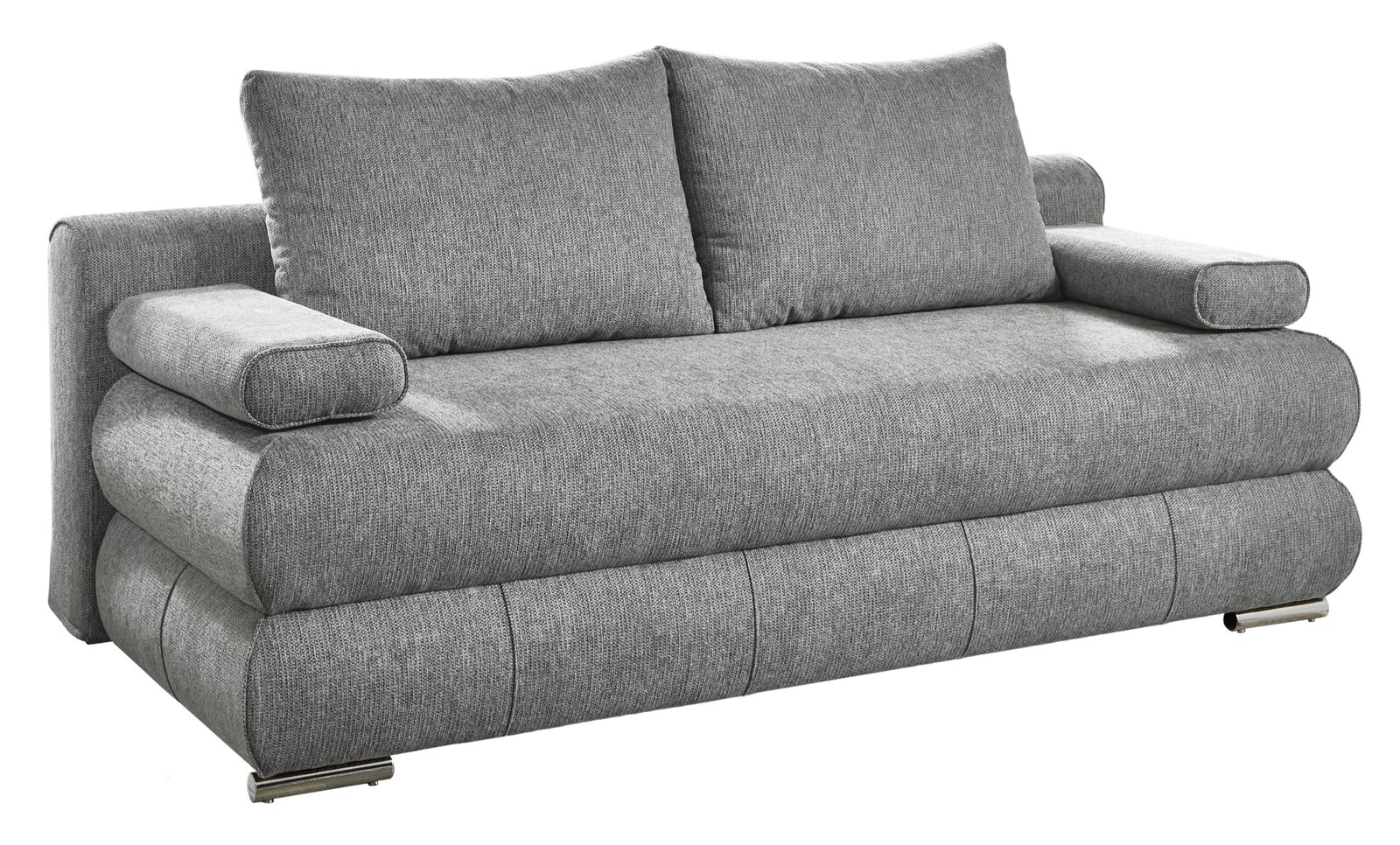 Graues Funktionssofa mit zwei großen Rückenkissen und Armlehnen, seitliche Perspektive