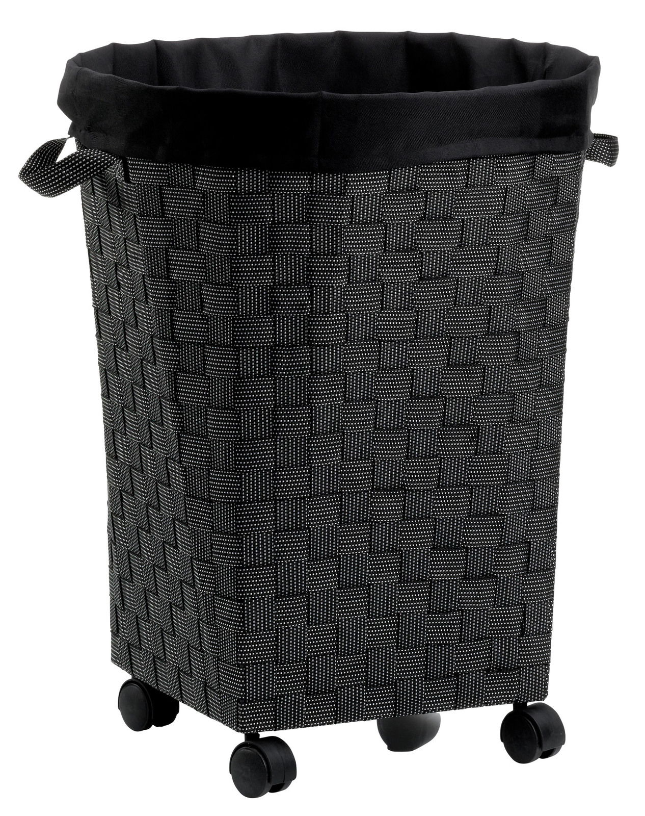 Schwarze Wäschebox mit Rollen, gewebtes Muster, seitliche Griffe, Perspektive von vorne