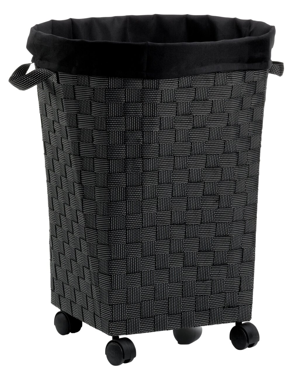 Schwarze Wäschebox mit Rollen, gewebtes Muster, seitliche Griffe, Perspektive von vorne