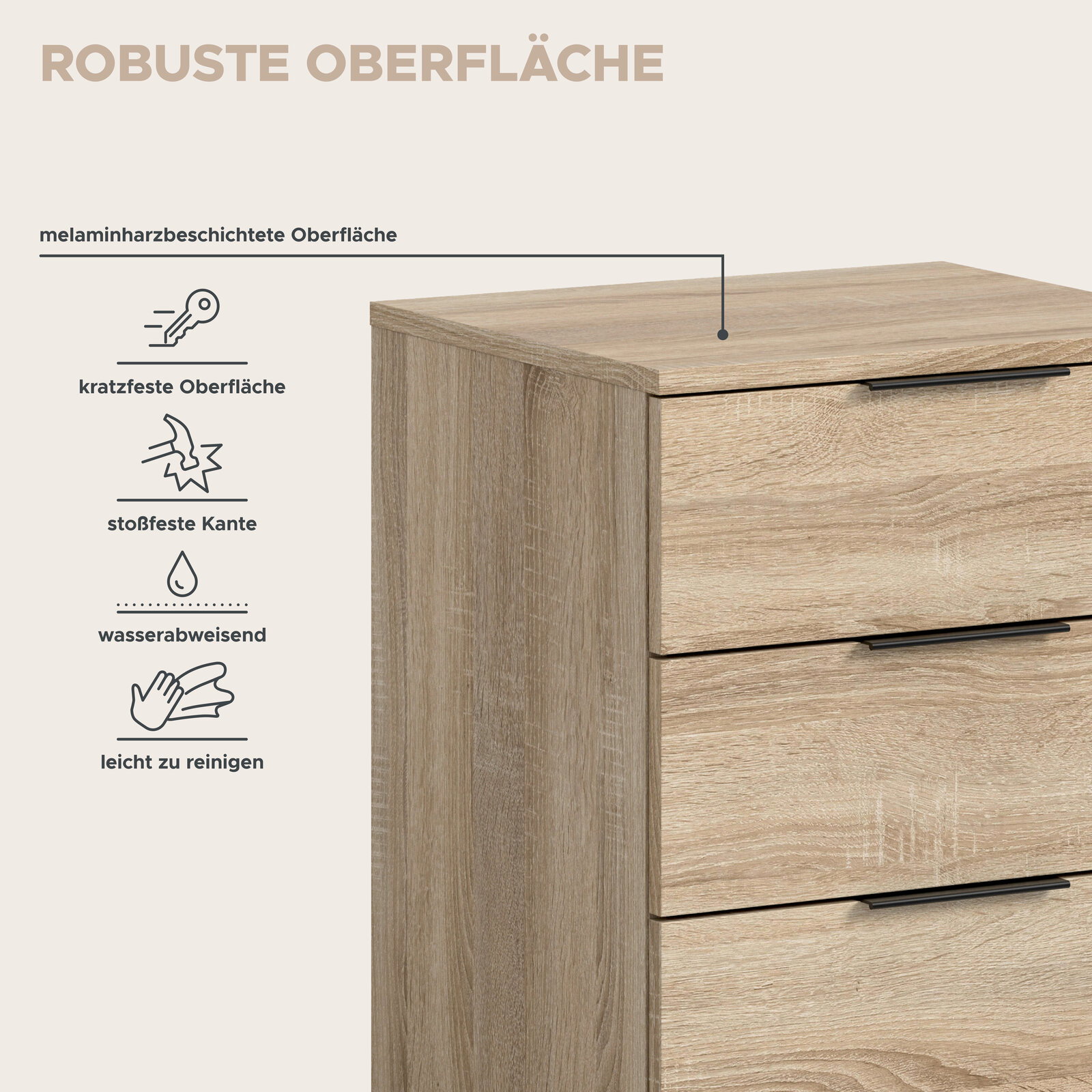 Schubladenkommode in heller Eichenoptik mit melaminharzbeschichteter, kratz- und stoßfester, wasserabweisender und leicht zu reinigender Oberfläche; Ansicht schräg von vorne/oben.