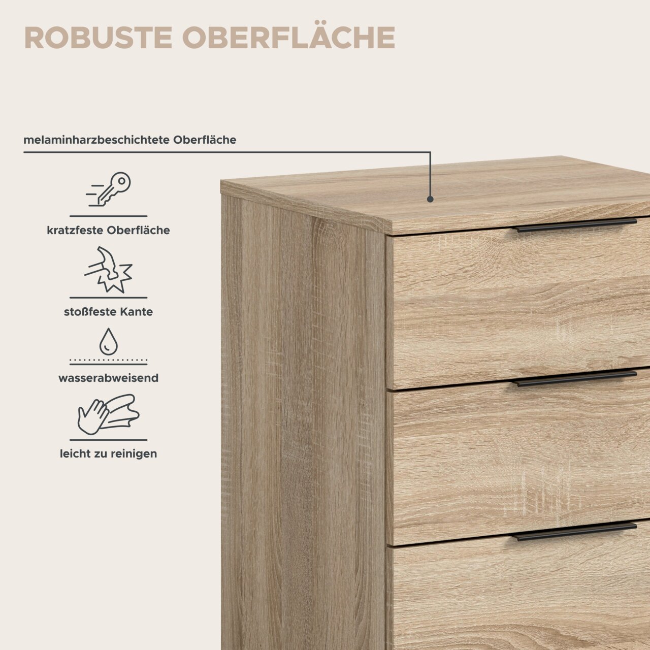 Schubladenkommode in heller Eichenoptik mit melaminharzbeschichteter, kratz- und stoßfester, wasserabweisender und leicht zu reinigender Oberfläche; Ansicht schräg von vorne/oben.