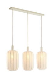 Dreifache Hängeleuchte mit weißen, textilen Lampenschirmen, frontal betrachtet.