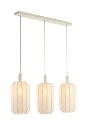 Dreifache Hängeleuchte mit weißen, textilen Lampenschirmen, frontal betrachtet.