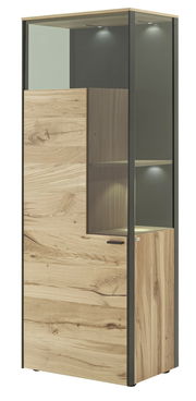 Vitrine ANDRA aus Holz mit Glaselementen, seitliche Perspektive