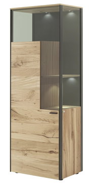 Vitrine ANDRA aus Holz mit Glaselementen, seitliche Perspektive