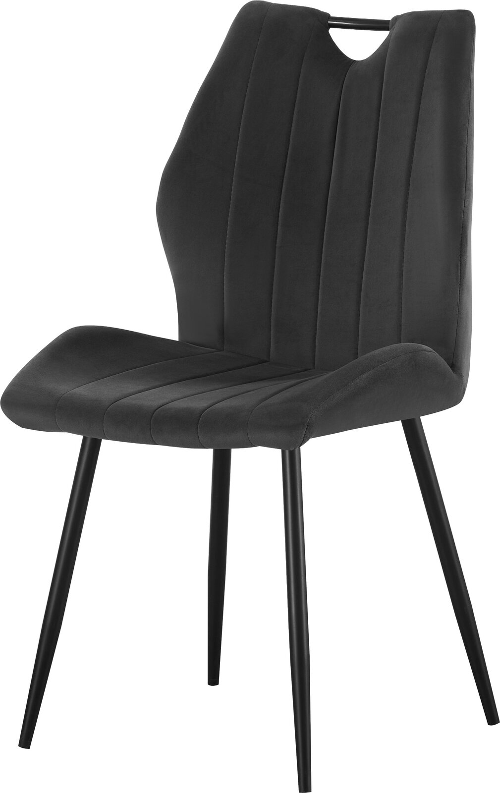 Dunkelgrauer Polsterstuhl mit vertikaler Steppung, schwarzem Metallgestell und Grifföffnung in der Rückenlehne, schräg von vorne links freigestellt auf weißem Hintergrund