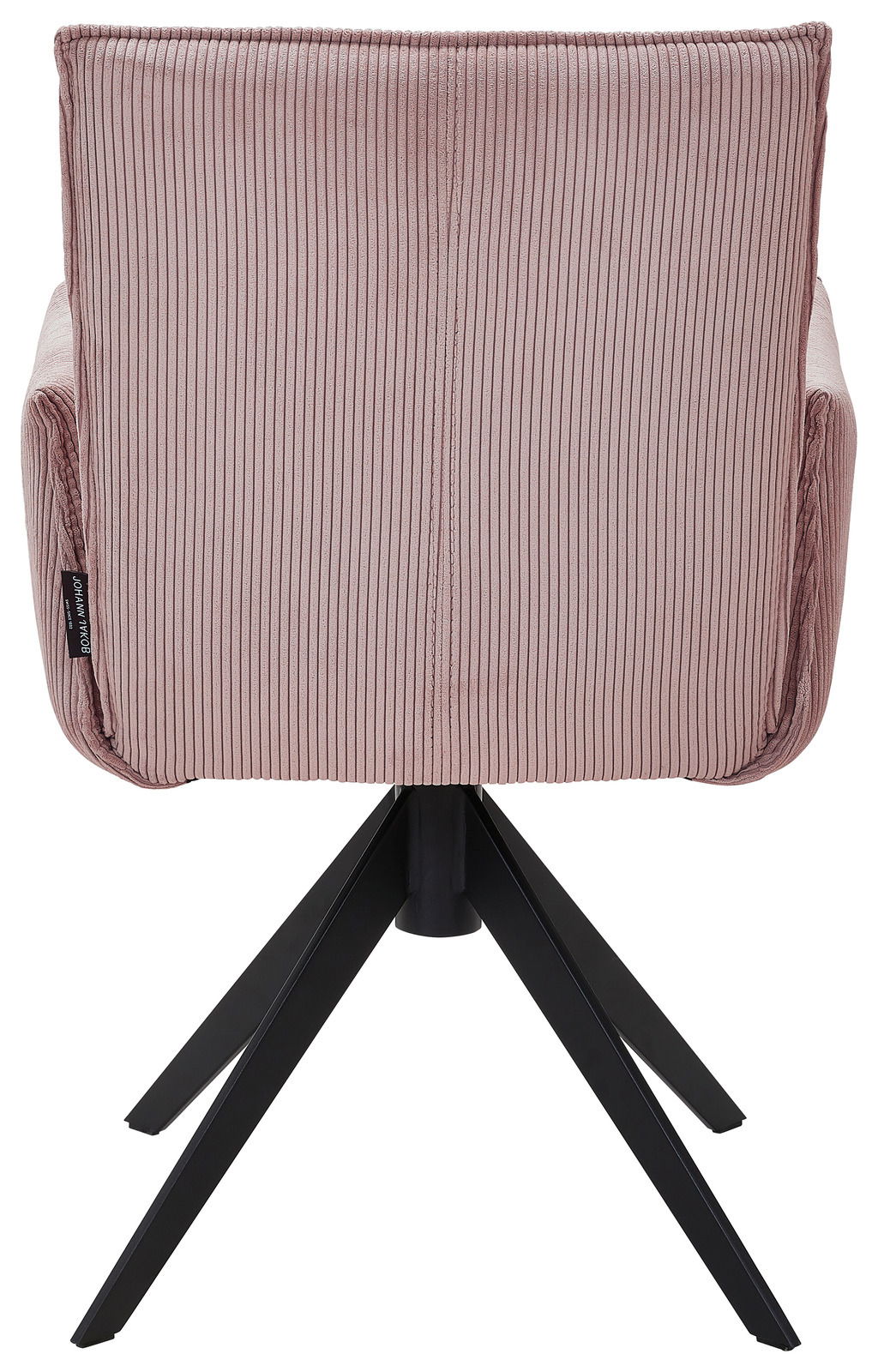 Johann Jakob Armlehnstuhl CALAS Rückansicht eines Armlehnstuhls mit rosa Stoffbezug und schwarzem Metallgestell.