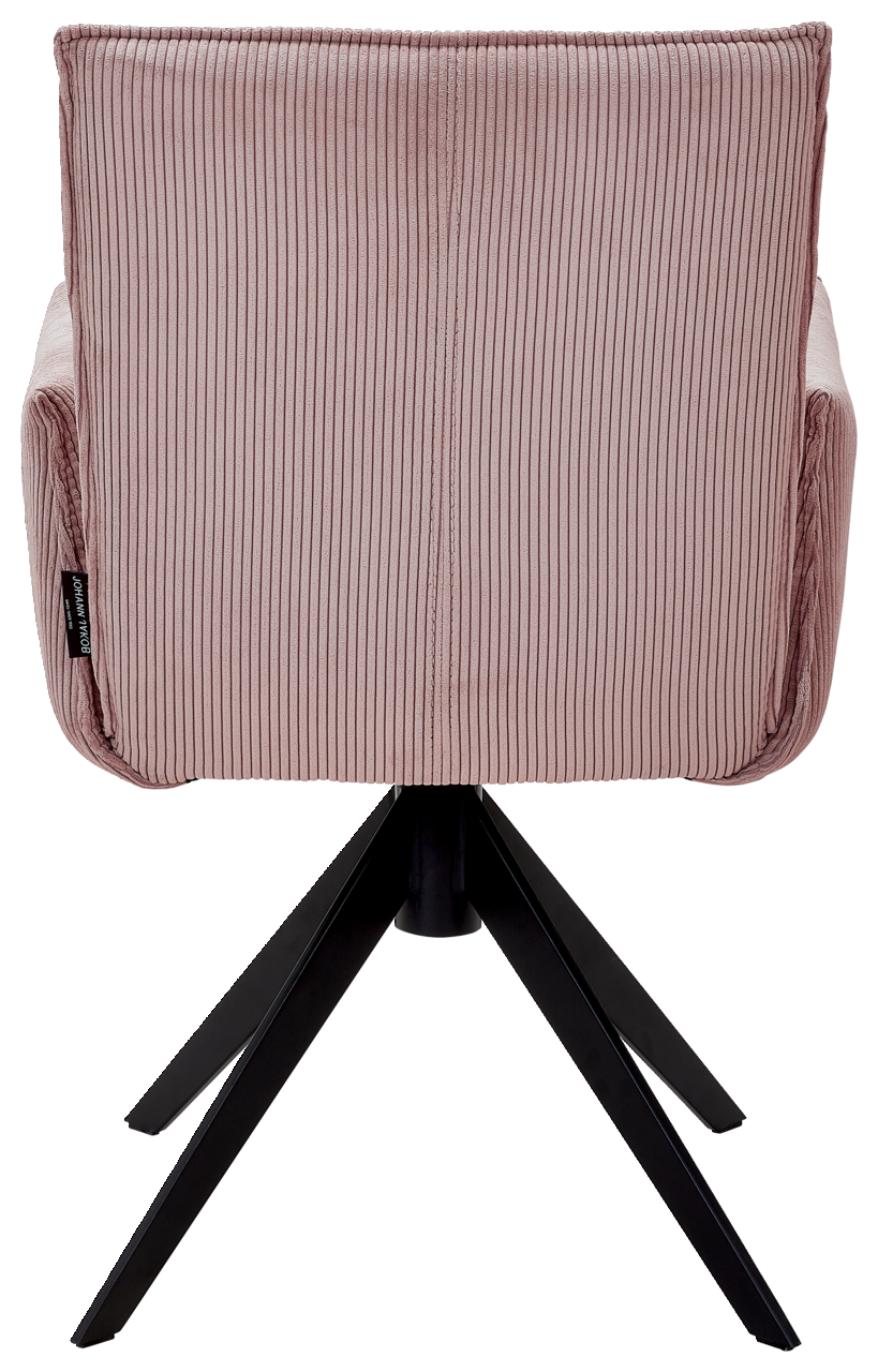 Johann Jakob Armlehnstuhl CALAS Rückansicht eines Armlehnstuhls mit rosa Stoffbezug und schwarzem Metallgestell.