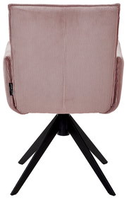 Rückansicht eines Armlehnstuhls mit rosa Stoffbezug und schwarzem Metallgestell.