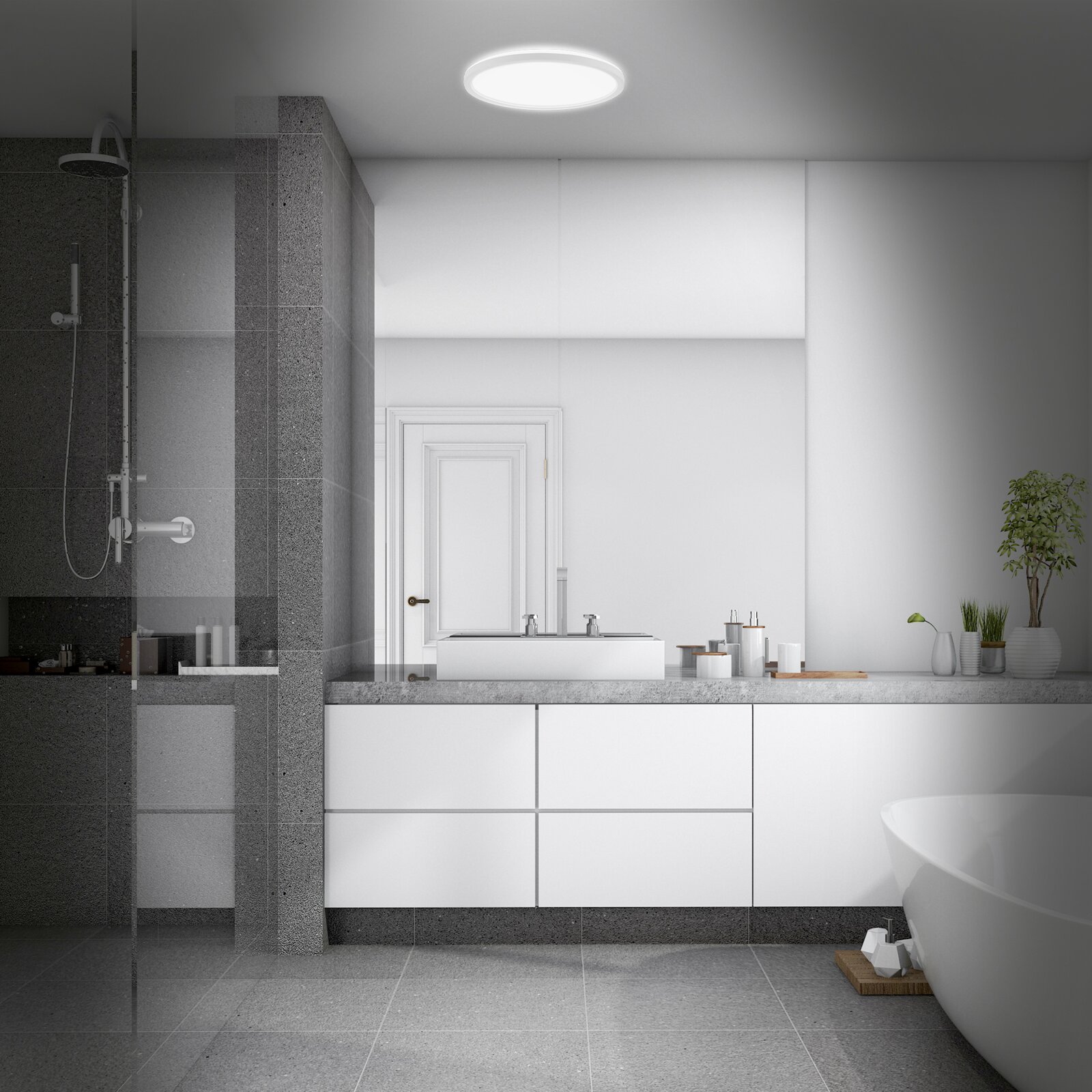 Ronde plafondlamp met geïntegreerde LED-verlichting in een moderne badkamer, gezien vanuit een frontaal interieurperspectief (licht aan)