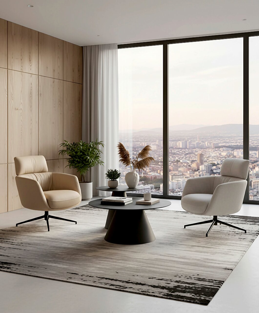 Dieter Knoll Fauteuil PABLO STYLE Moderne woonkamer met twee beige fauteuils, een ronde zwarte salontafel en een groot panoramaraam met uitzicht op de stad, gefotografeerd vanuit een licht verhoogd perspectief recht van voren