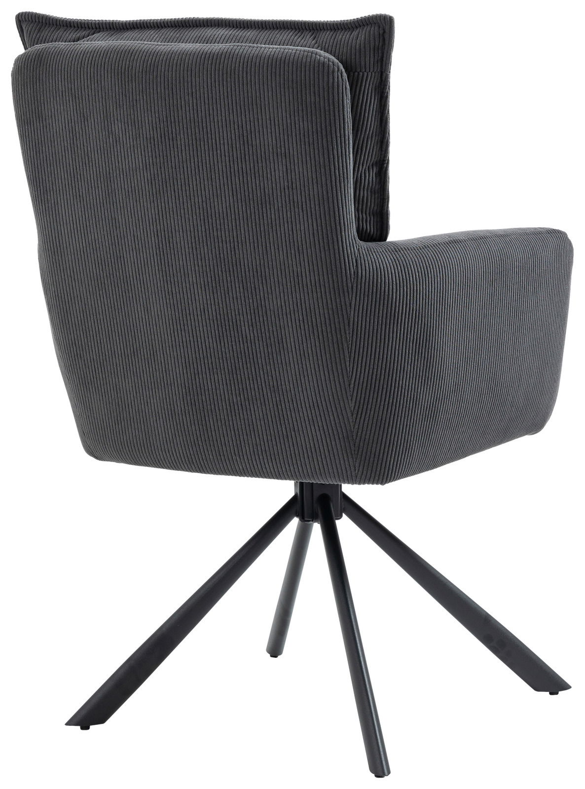 Rückansicht eines modernen Sessels mit schwarzem Stoffbezug und Metallbeinen.