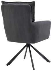 Rückansicht eines modernen Sessels mit schwarzem Stoffbezug und Metallbeinen.