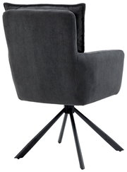 Rückansicht eines modernen Sessels mit schwarzem Stoffbezug und Metallbeinen.