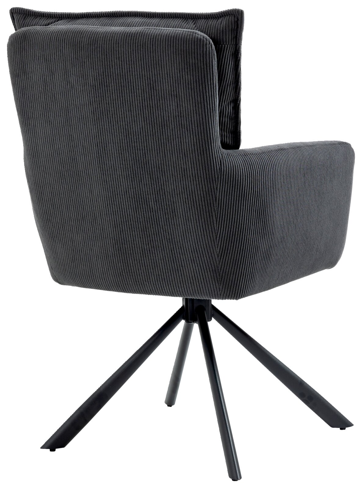 Achterkant van een moderne fauteuil met zwarte stoffen bekleding en metalen poten.