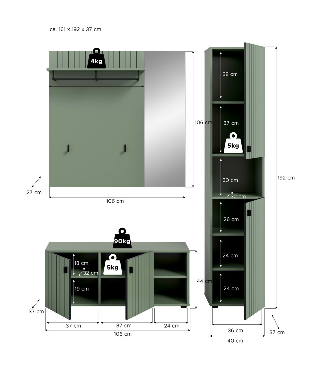 Grünes Garderoben-Set mit Wandpaneel (Spiegel, Hutablage und Haken), Bank und hohem Schrank mit Lamellentüren und offenen Fächern, inklusive Maßangaben; Frontansicht und Seitenansicht.