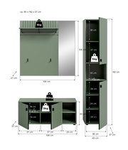 Grünes Garderoben-Set mit Wandpaneel (Spiegel, Hutablage und Haken), Bank und hohem Schrank mit Lamellentüren und offenen Fächern, inklusive Maßangaben; Frontansicht und Seitenansicht.