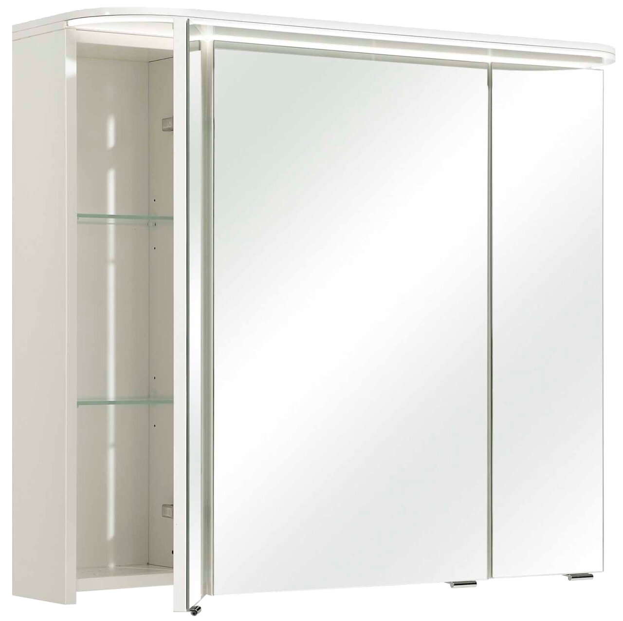 Moderner Spiegelschrank mit zwei großen Spiegeltüren und seitlichem Regal, perspektivisch von links gezeigt.