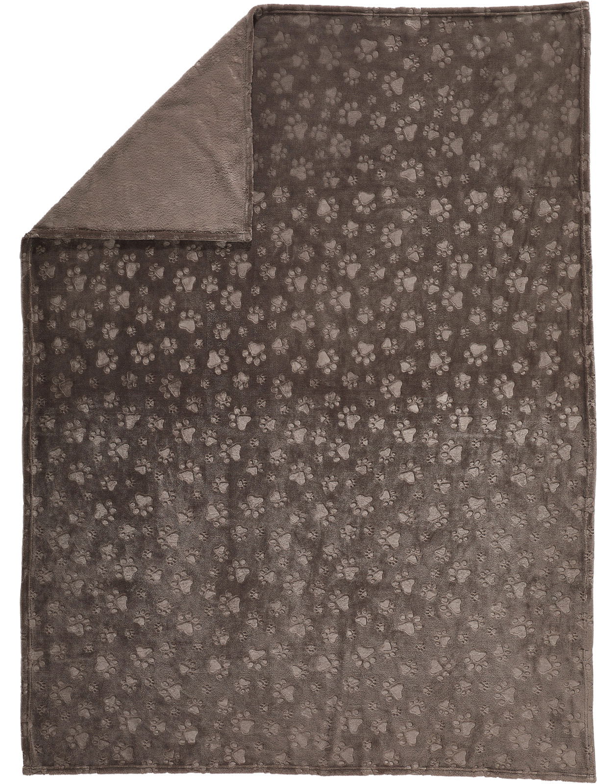 Braune Wohndecke mit Pfotenmuster, von oben fotografiert