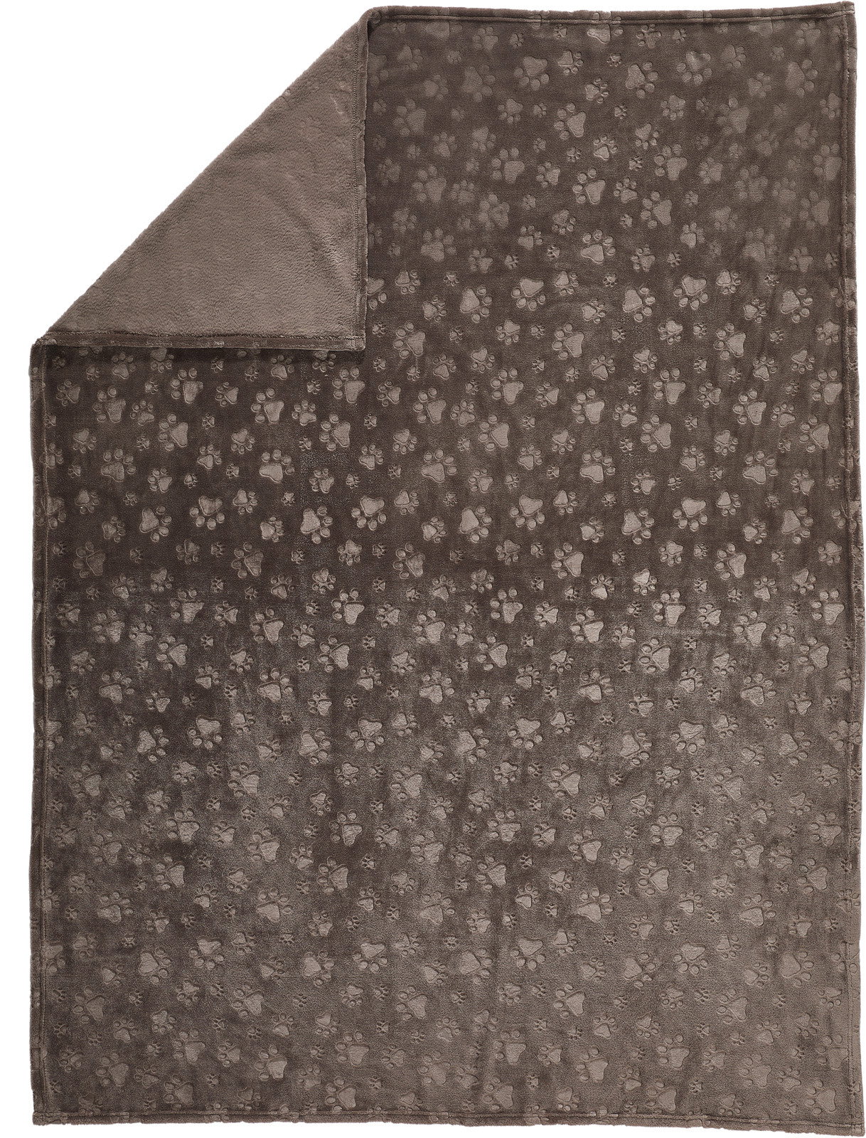 Braune Wohndecke mit Pfotenmuster, von oben fotografiert
