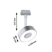 Zilveren railspot Circle met ronde vorm, zijaanzicht, afmetingen: 147 mm hoog, 50 mm diep, 100 mm diameter.