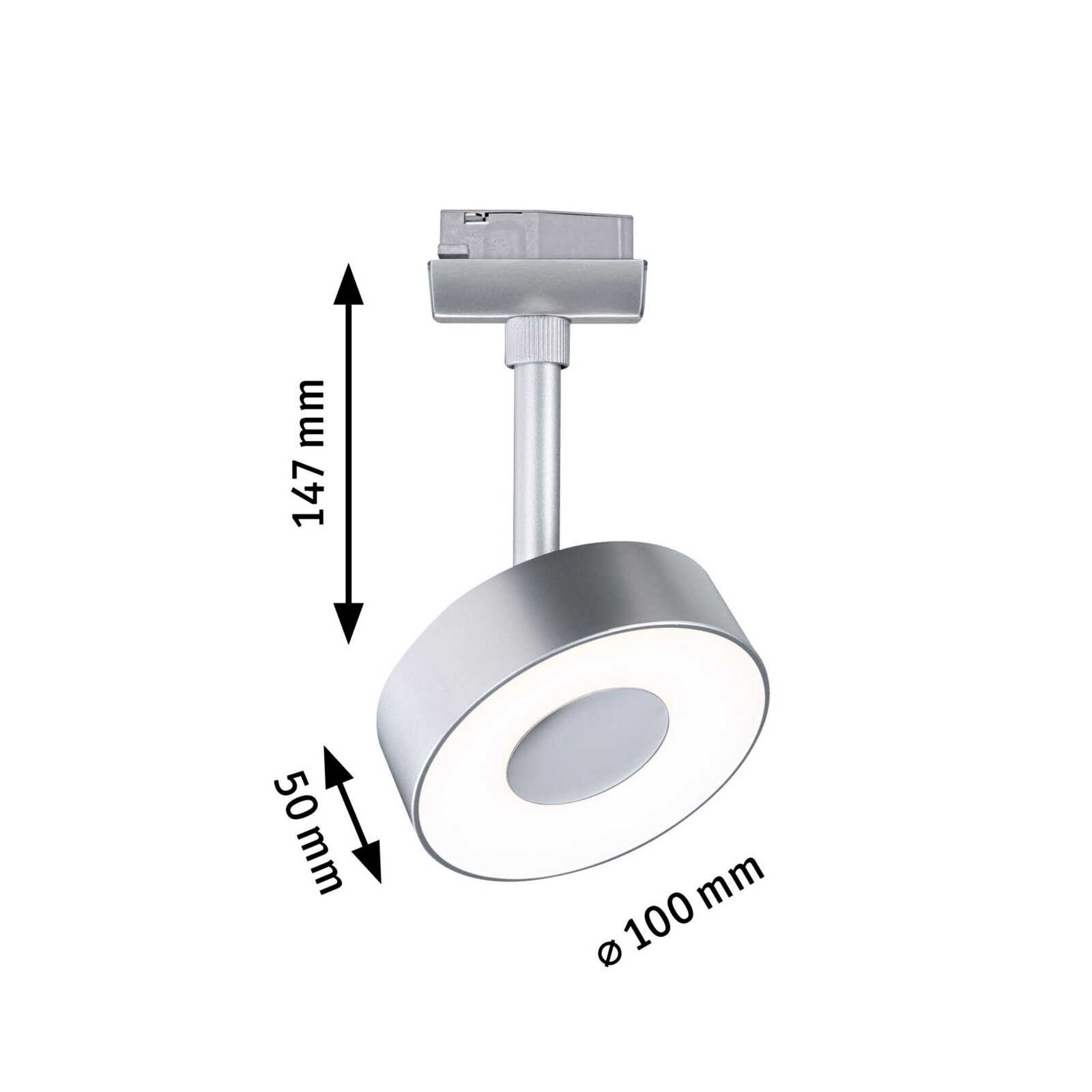 Zilveren railspot Circle met ronde vorm, zijaanzicht, afmetingen: 147 mm hoog, 50 mm diep, 100 mm diameter.