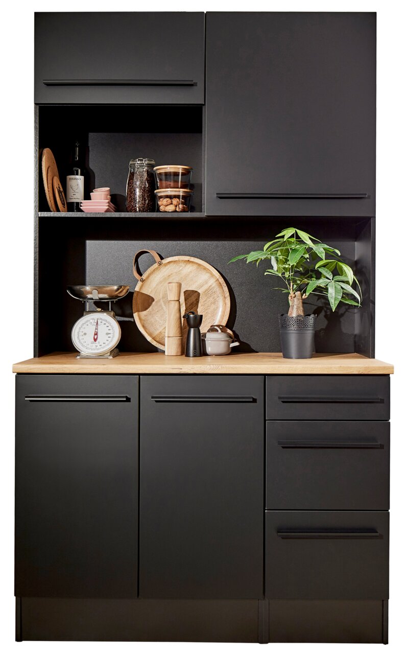 Yourkitchen Buffetkast JAZZ Zwarte buffetkast met houten werkblad, versierd met keukengerei en planten, vooraanzicht.