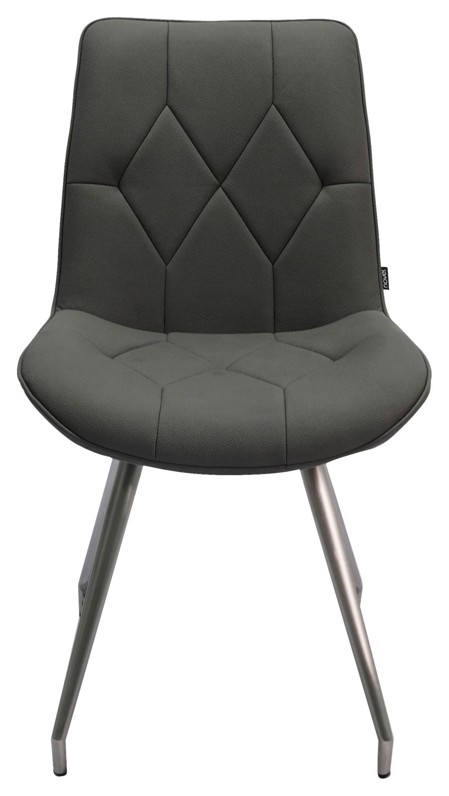 Moderner Stuhl mit gepolsterter, dunkelgrauer Sitzfläche und Rückenlehne, sowie Metallbeinen, Frontalansicht.
