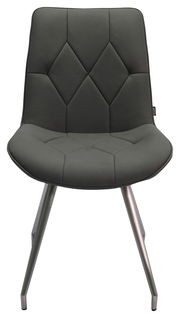 Moderner Stuhl mit gepolsterter, dunkelgrauer Sitzfläche und Rückenlehne, sowie Metallbeinen, Frontalansicht.