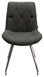 Moderner Stuhl mit gepolsterter, dunkelgrauer Sitzfläche und Rückenlehne, sowie Metallbeinen, Frontalansicht.