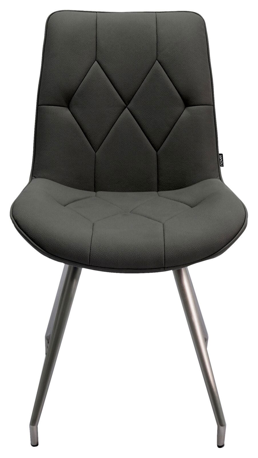Moderner Stuhl mit gepolsterter, dunkelgrauer Sitzfläche und Rückenlehne, sowie Metallbeinen, Frontalansicht.