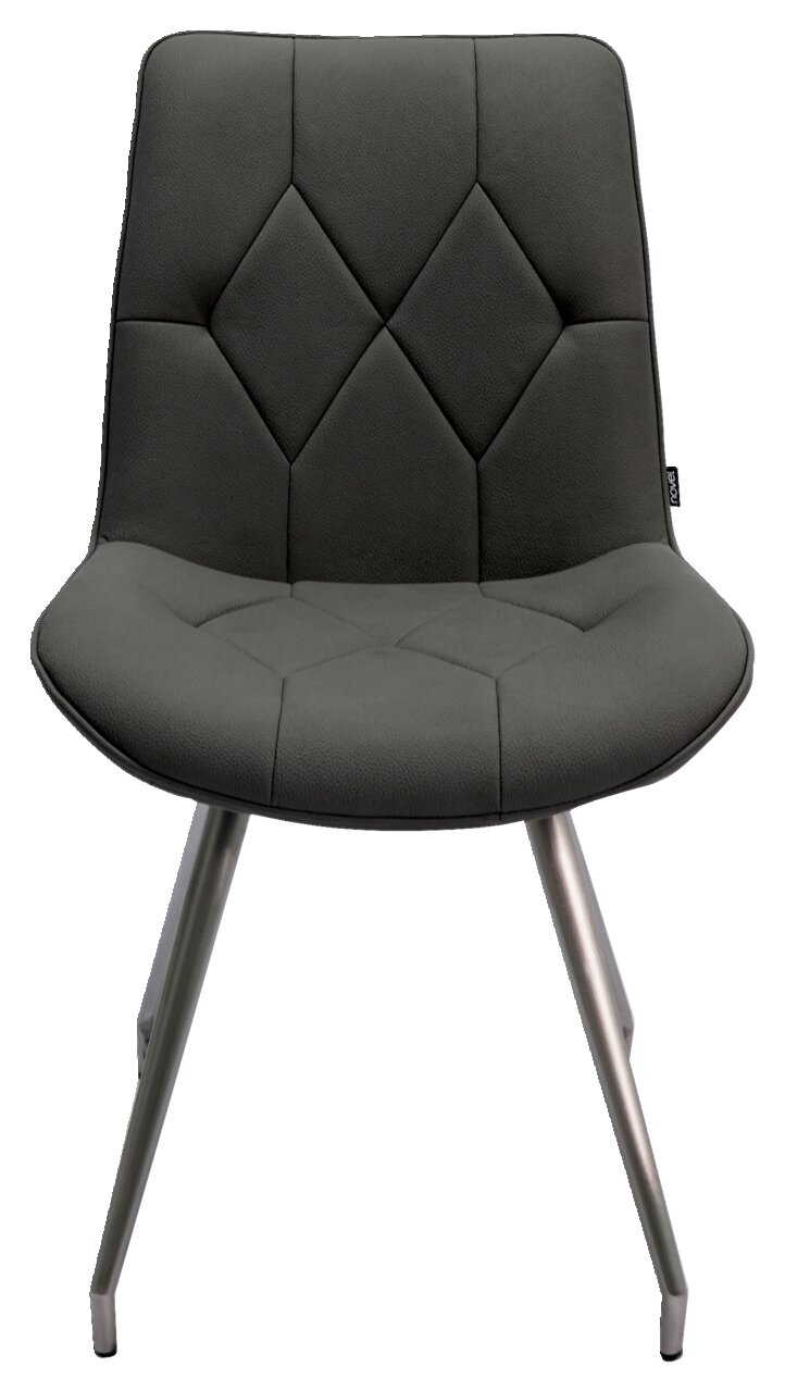 Moderner Stuhl mit gepolsterter, dunkelgrauer Sitzfläche und Rückenlehne, sowie Metallbeinen, Frontalansicht.